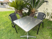 BTExpert Indoor Outdoor 27.5" Square Restaurant Table Stainless Steel Silver Aluminum + 2 Black Restaurant Rattan Stack Chairs Commercial Lightweight