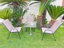 BTExpert Indoor Outdoor 27.5" Square Restaurant Table Stainless Steel Silver Aluminum + 3 Brown Flexible Sling Stack Chairs Commercial Lightweight
