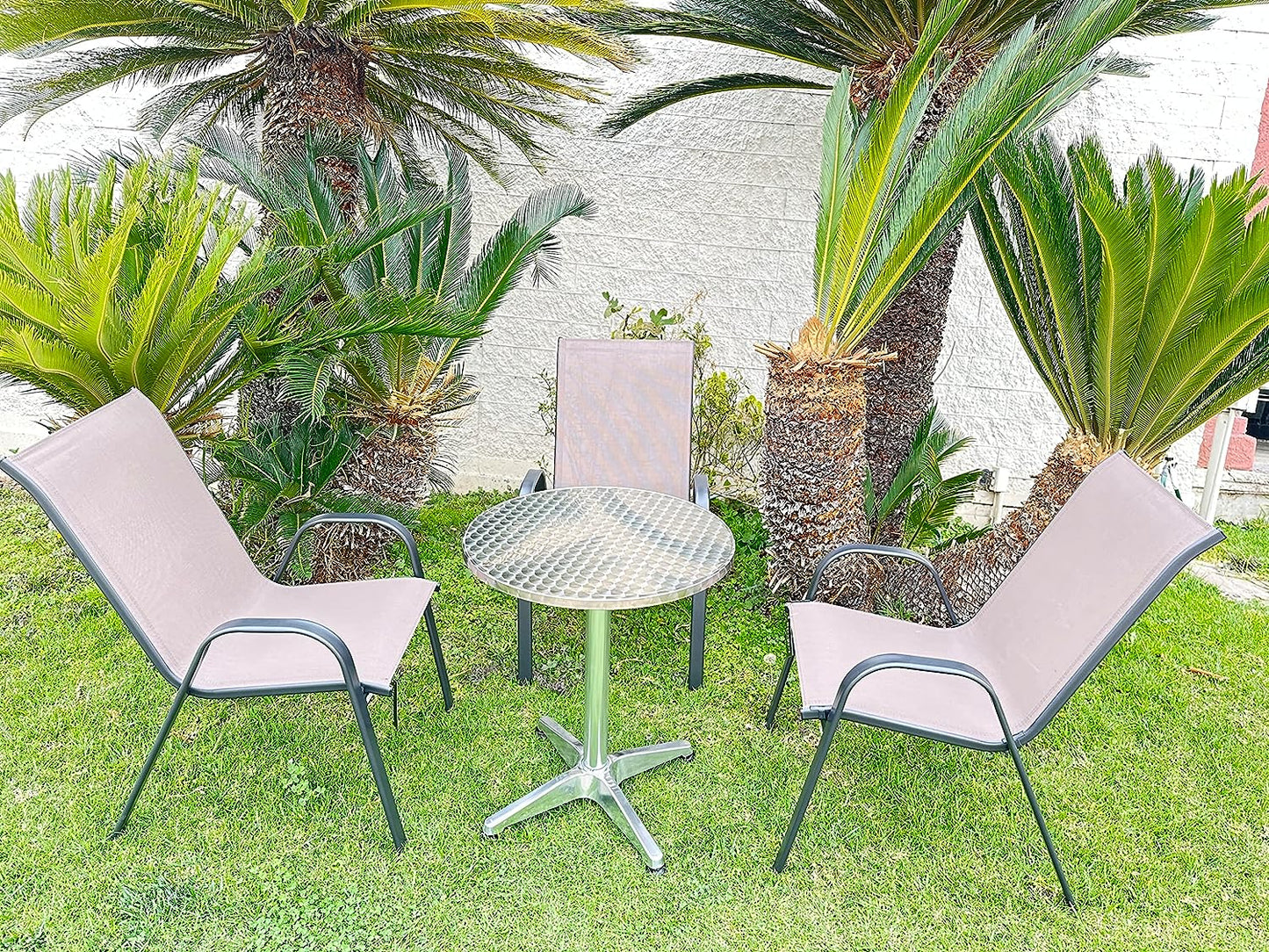 BTExpert 27.5" Round Restaurant Table Stainless Steel with 3 Brown Sling Stack Chairs, Indoor Outdoor Commercial Lightweight