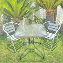 BTExpert Indoor Outdoor 28" Square Tempered Glass Metal Table Brown Rattan Trim + 2 Silver Gray Restaurant Metal Aluminum Slat Stack Chairs Lightweight