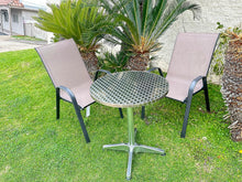 BTExpert Indoor Outdoor 27.5" Round Restaurant Table Stainless Steel Silver Aluminum + 2 Brown Flexible Sling Stack Chairs Commercial Lightweight