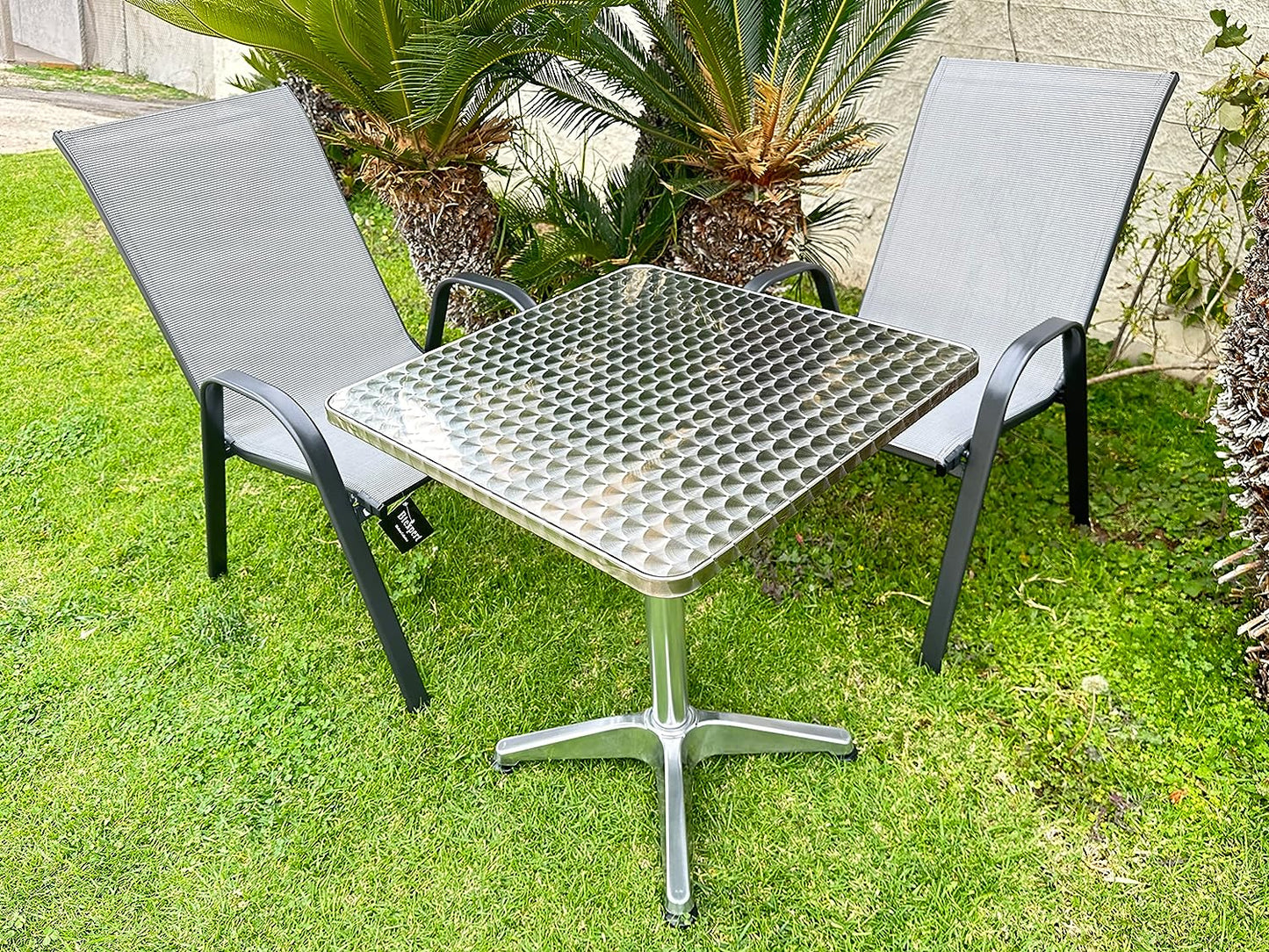 BTExpert 27.5" Square Restaurant Table Stainless Steel with 2 Gray Sling Stack Chairs, Indoor Outdoor Commercial Lightweight