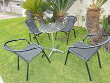 BTExpert Indoor Outdoor 27.5" Round Restaurant Table Stainless Steel Silver Aluminum + 4 Black Restaurant Rattan Stack Chairs Commercial Lightweight