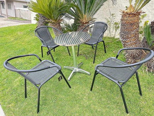 BTExpert 27.5" Round Restaurant Table Stainless Steel with 4 Black Rattan Stack Chairs, Indoor Outdoor Commercial Lightweight