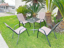 BTExpert Indoor Outdoor 27.5" Square Restaurant Table Stainless Steel Silver Aluminum + 4 Brown Flexible Sling Stack Chairs Commercial Lightweight