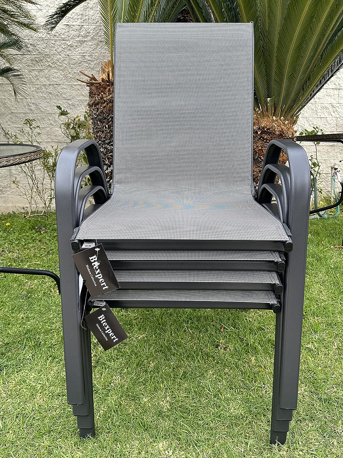 BTExpert 27.5" Round Restaurant Table Stainless Steel with 2 Gray Sling Stack Chairs, Indoor Outdoor Commercial Lightweight