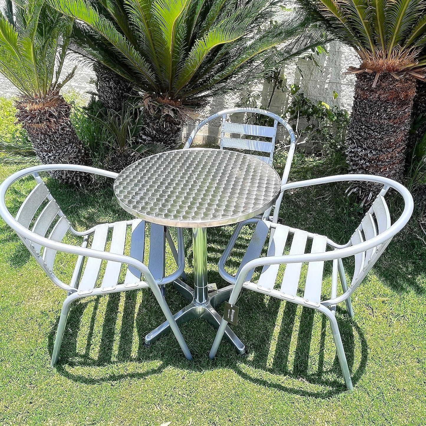 BTExpert 27.5" Round Restaurant Table Stainless Steel with 3 Silver Gray Slat Stack Chairs, Indoor Outdoor Commercial Lightweight