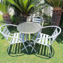 BTExpert Indoor Outdoor 23.75" Round Restaurant Table Stainless Steel Silver Aluminum + 3 Silver Gray Metal Slat Stack Chairs Commercial Lightweight