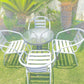 BTExpert 23.75" Round Glass Metal Table Black with 4 Silver Gray Slat Stack Chairs, Indoor Outdoor Commercial