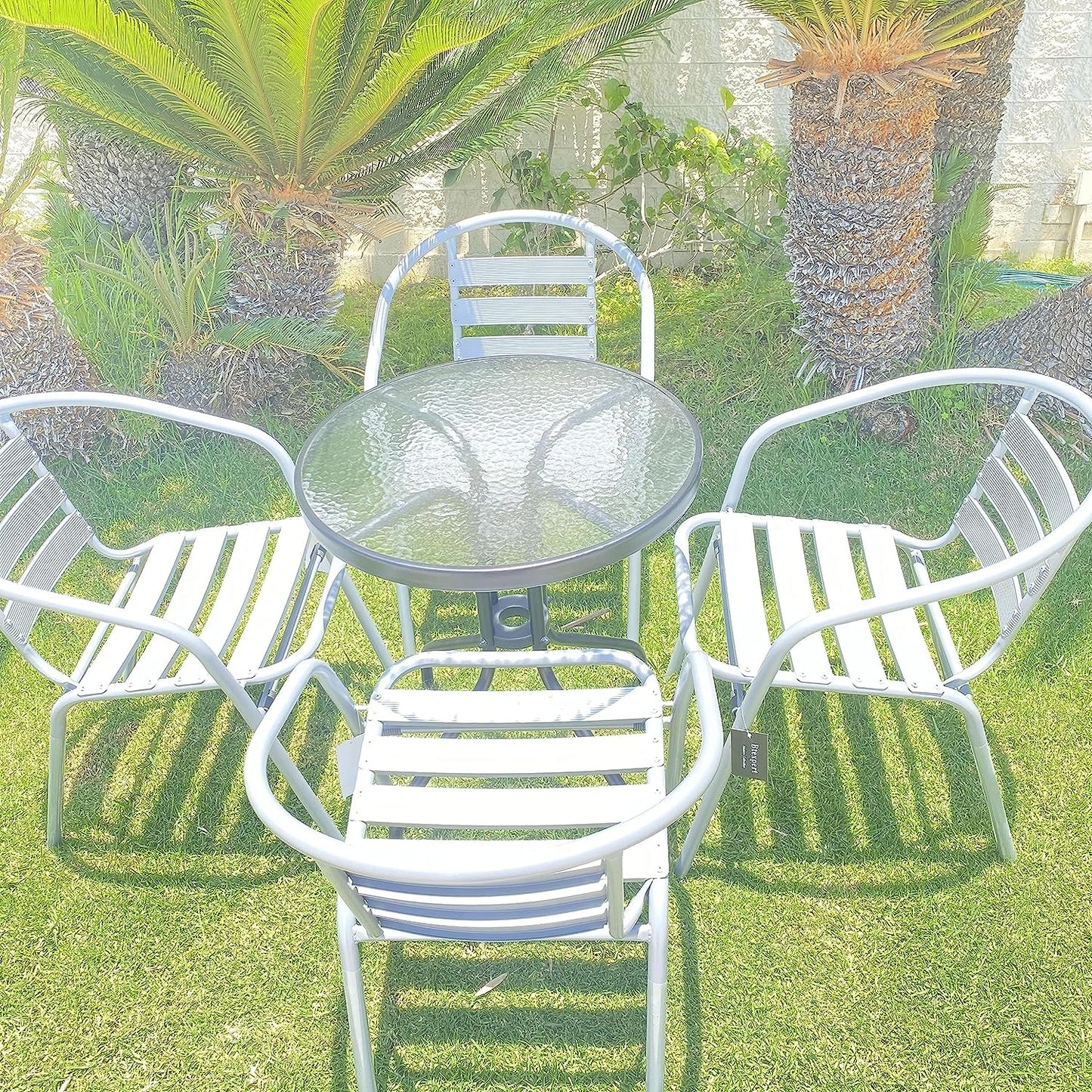BTExpert 23.75" Round Glass Metal Table Black with 4 Silver Gray Slat Stack Chairs, Indoor Outdoor Commercial