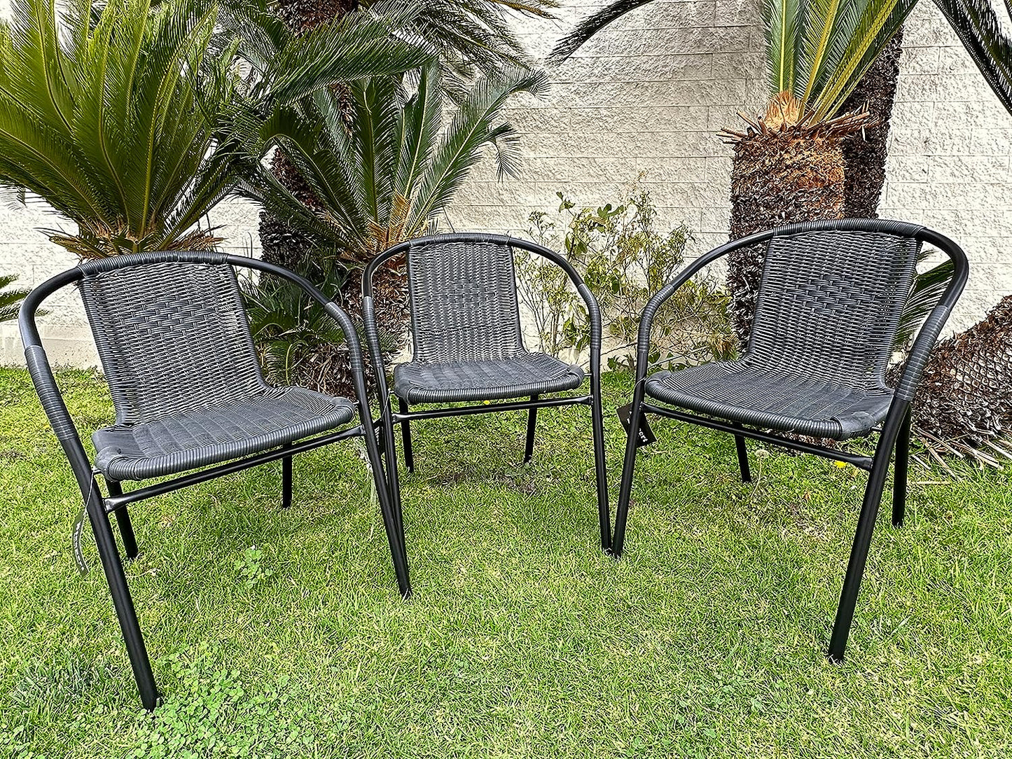 BTExpert 27.5" Round Restaurant Table Stainless Steel with 3 Black Rattan Stack Chairs, Indoor Outdoor Commercial Lightweight