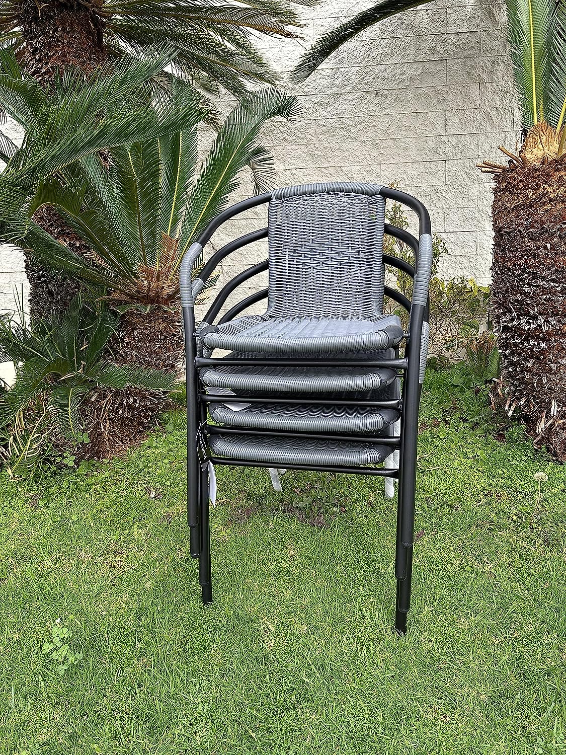 BTExpert 27.5" Square Restaurant Table Stainless Steel with 2 Gray Rattan Stack Chairs, Indoor Outdoor Commercial Lightweight