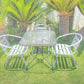 BTExpert 28" Square Glass Metal Table Brown Rattan Trim with 3 Silver Gray Slat Stack Chairs, Indoor Outdoor Lightweight