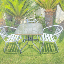 BTExpert Indoor Outdoor 28" Square Tempered Glass Metal Table Brown Rattan Trim + 3 Silver Gray Restaurant Metal Aluminum Slat Stack Chairs Lightweight