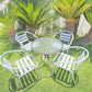 BTExpert 28" Round Glass Metal Table Brown Rattan Trim with 4 Silver Gray Slat Stack Chairs, Indoor Outdoor Lightweight