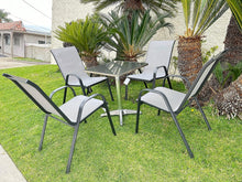 BTExpert Indoor Outdoor 27.5" Square Restaurant Table Stainless Steel Silver Aluminum + 4 Gray Flexible Sling Stack Chairs Commercial Lightweight