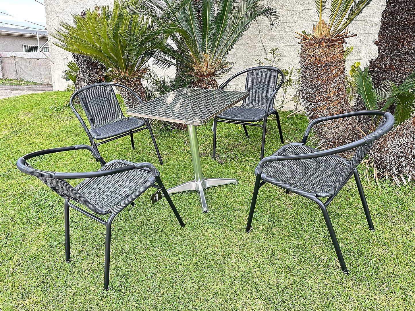 BTExpert 27.5" Square Restaurant Table Stainless Steel with 4 Gray Rattan Stack Chairs, Indoor Outdoor Commercial Lightweight