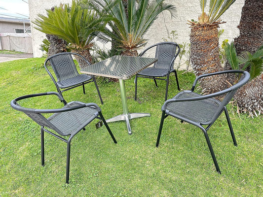 BTExpert 27.5" Square Table Stainless Steel Silver Aluminum + 4 Black  Stack Commercial Chairs