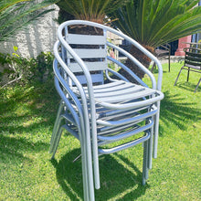 BTExpert Indoor Outdoor 27.5" Square Restaurant Table Stainless Steel Silver Aluminum + 4 Silver Gray Metal Aluminum Slat Stack Chairs Commercial