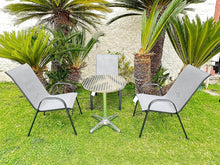 BTExpert Indoor Outdoor 27.5" Round Restaurant Table Stainless Steel Silver Aluminum + 3 Gray Flexible Sling Stack Chairs Commercial Lightweight