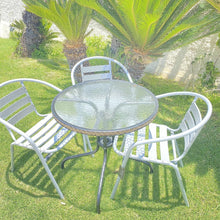 BTExpert Indoor Outdoor 28" Round Tempered Glass Metal Table Brown Rattan Trim + 3 Silver Gray Restaurant Metal Aluminum Slat Stack Chairs Lightweight