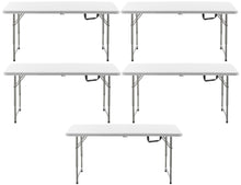 BTExpert Fold-in-Half Folding Utility Table 4Feet Lightweight Height Adjustable Portable Carrying Handle Indoor Outdoor Picnic Camping Office Home Party Easy to Clean Store Care White Set of 5