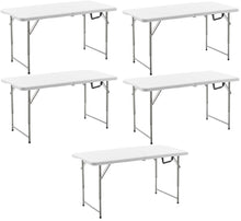 BTExpert Fold-in-Half Folding Utility Table 4Feet Lightweight Height Adjustable Portable Carrying Handle Indoor Outdoor Picnic Camping Office Home Party Easy to Clean Store Care White Set of 5