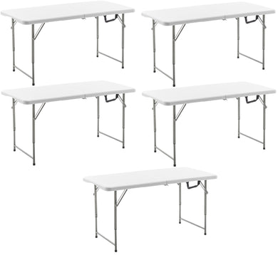 BTExpert Fold-in-Half Folding Utility Table 4Feet Lightweight Height Adjustable Portable Carrying Handle Indoor Outdoor Picnic Camping Office Home Party Easy to Clean Store Care White Set of 5