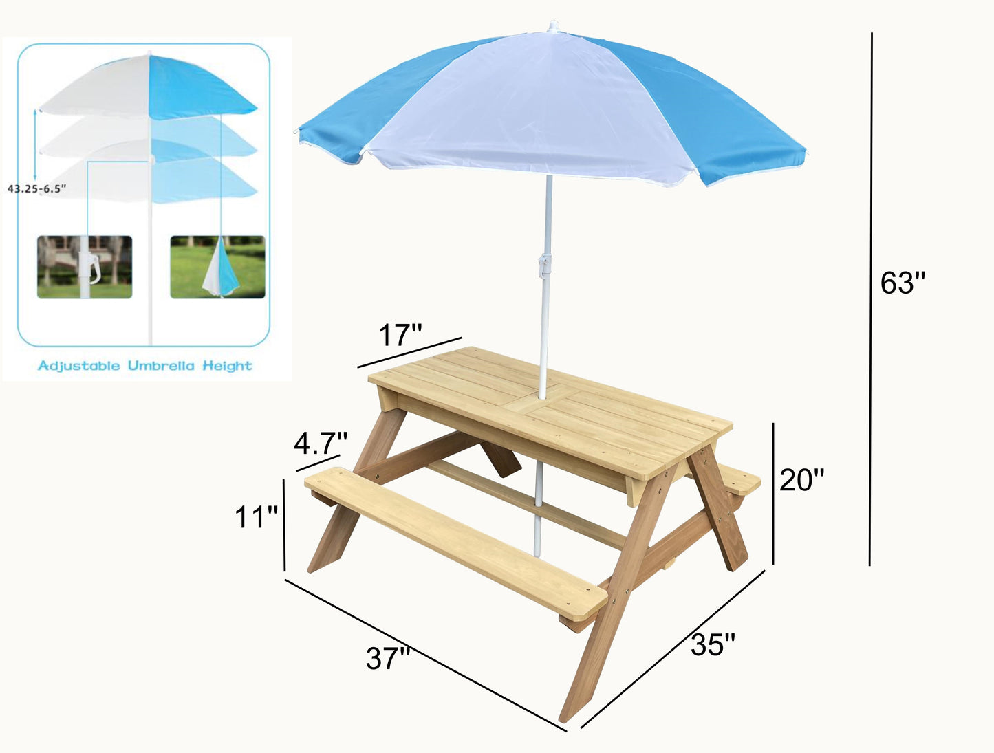 BTExpert Kids 3-in-1 Sand Water Activity Table Outdoor Convertible Bench 2 Play Boxes Toy Set 37 x 35