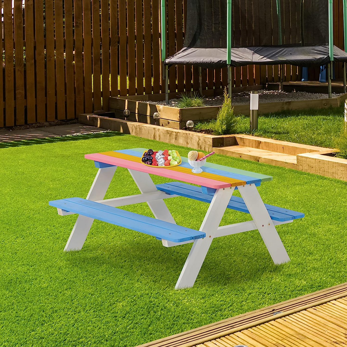BTExpert Kids Picnic Table Bench for Outdoor, Wooden Table Chair Set Kids Activity Sensory Table - Multicolor