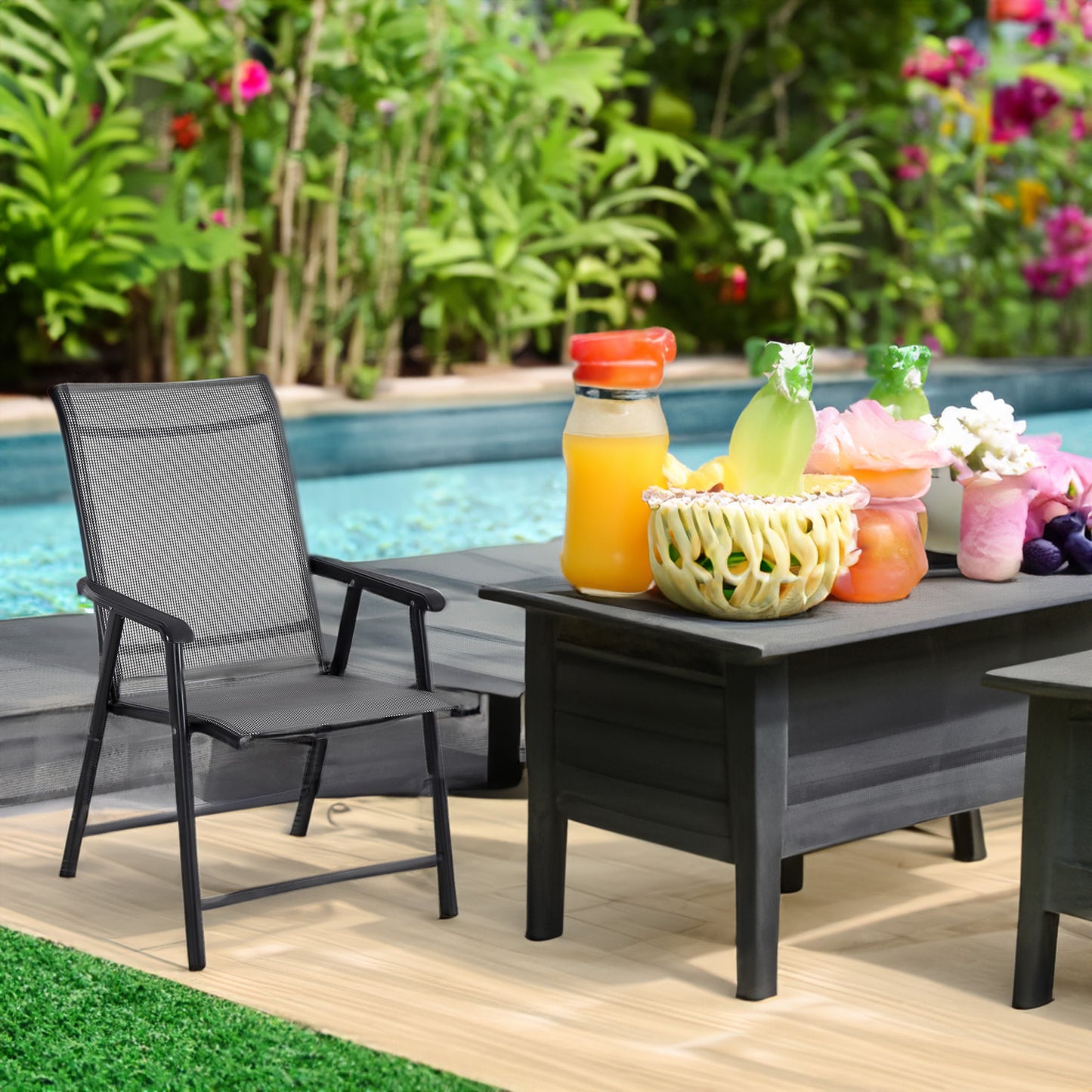 BTExpert Heavy-Duty Folding Patio Chair – Indoor/Outdoor Dining with Armrests, Metal Frame, Sling Back, for Lawn, Pool, Garden - Set of 6