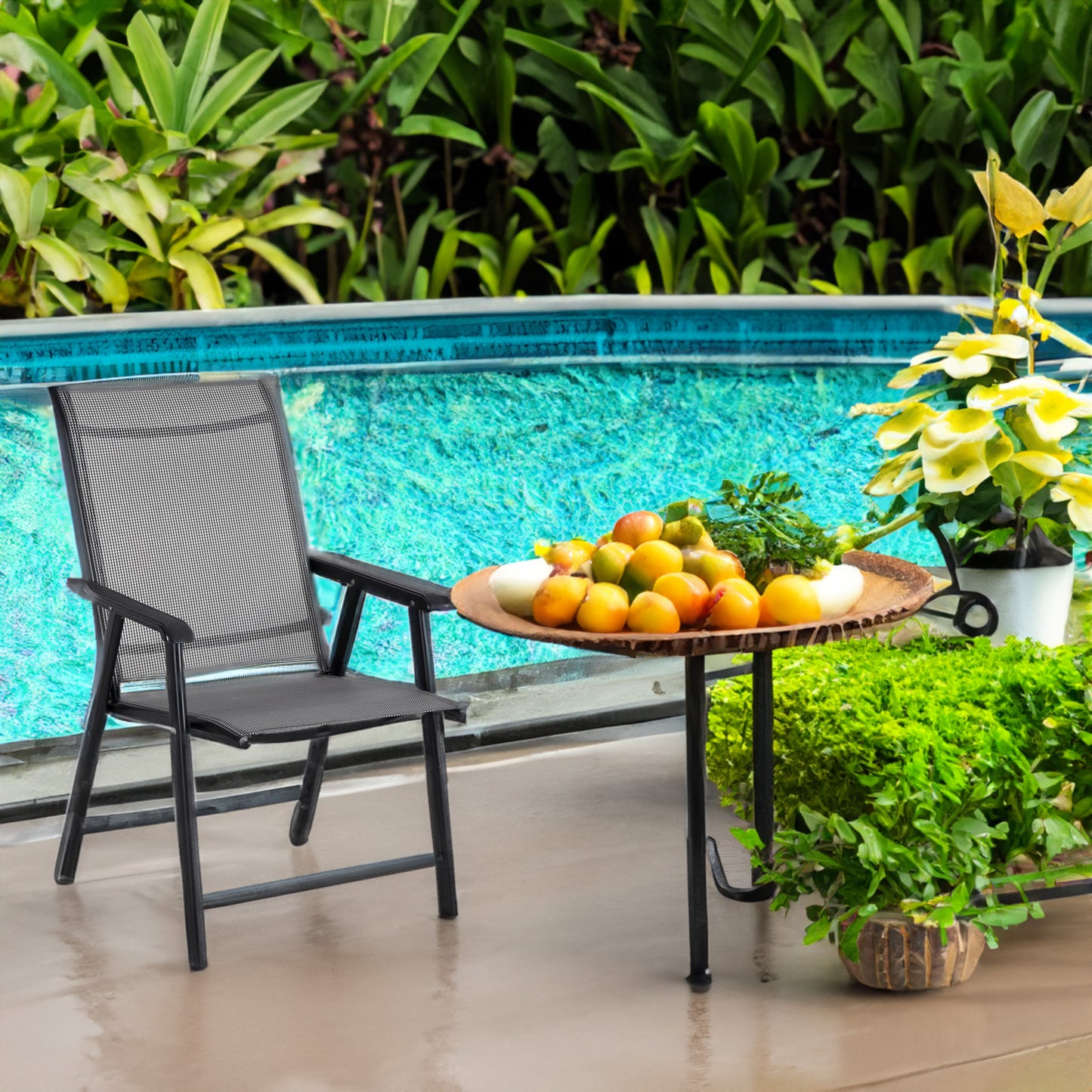 BTExpert Heavy-Duty Folding Patio Chair – Indoor/Outdoor Dining with Armrests, Metal Frame, Sling Back, for Lawn, Pool, Garden - Set of 6