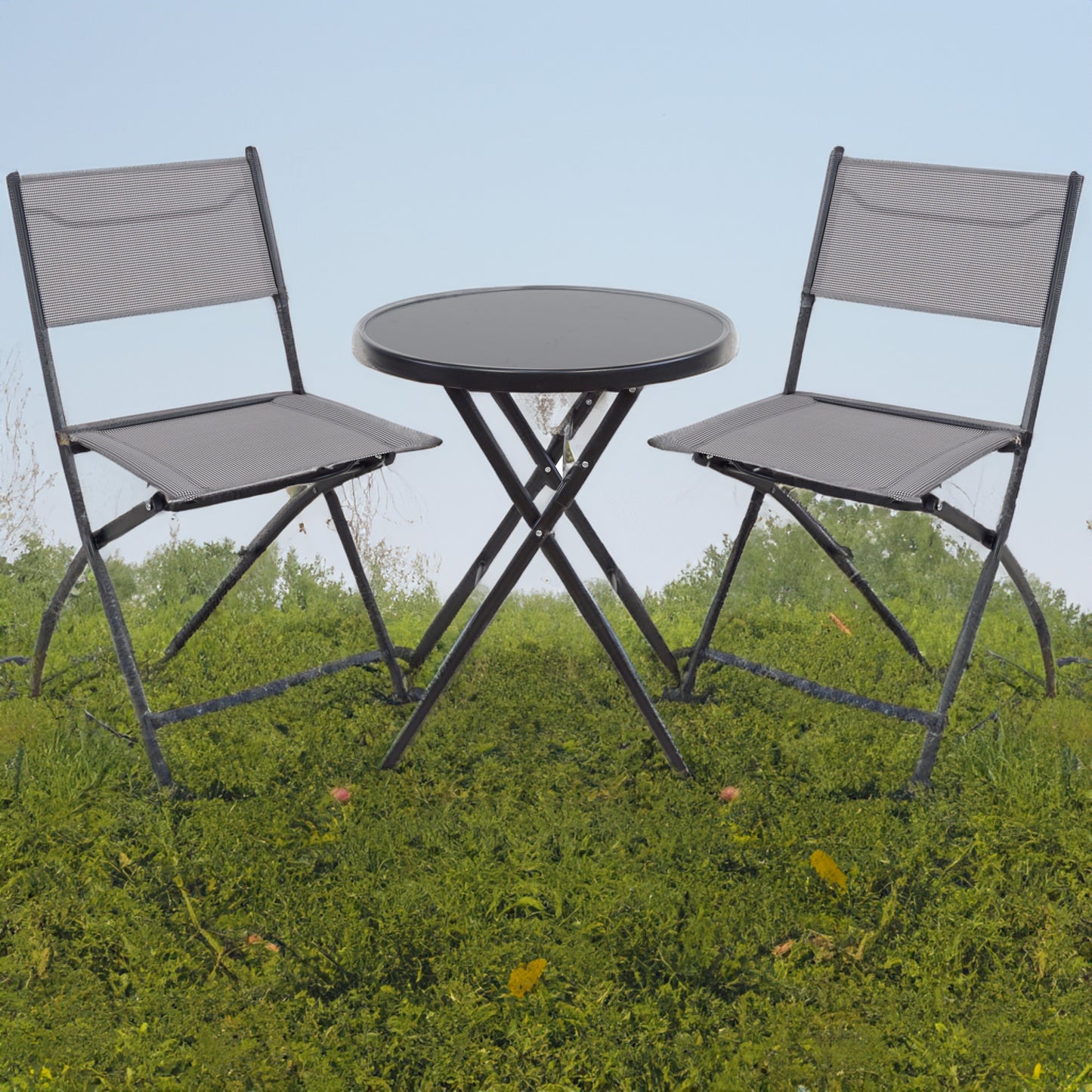 BTExpert set Portable Folding Table & two Chair  Heavy Duty Gray Dining Home Garden 3-Piece