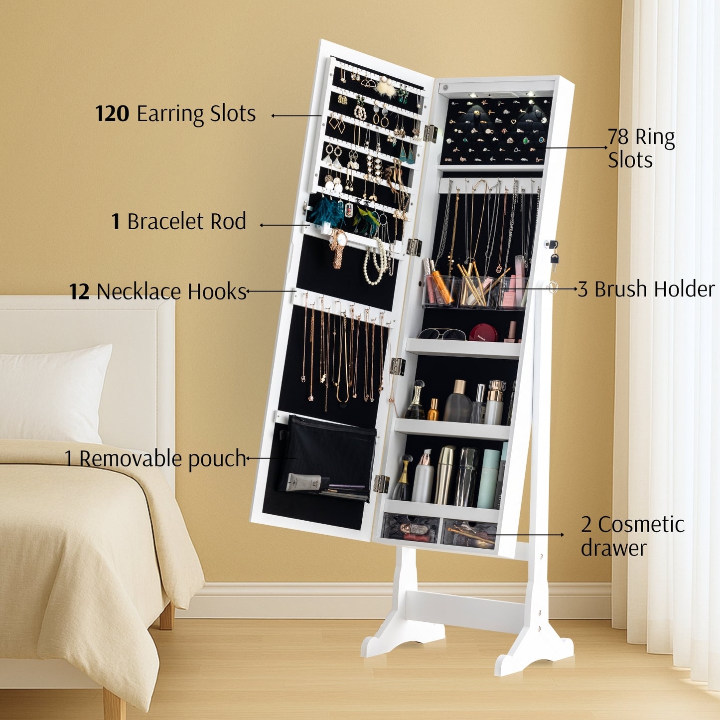 BTEXPERT Mirror Jewelry Cabinet Standing, Large Storage Jewelry Armoire, Full-Length  Mirror with Jewelry Storage, 12 LED Lockable Standing Jewelry Organizer White