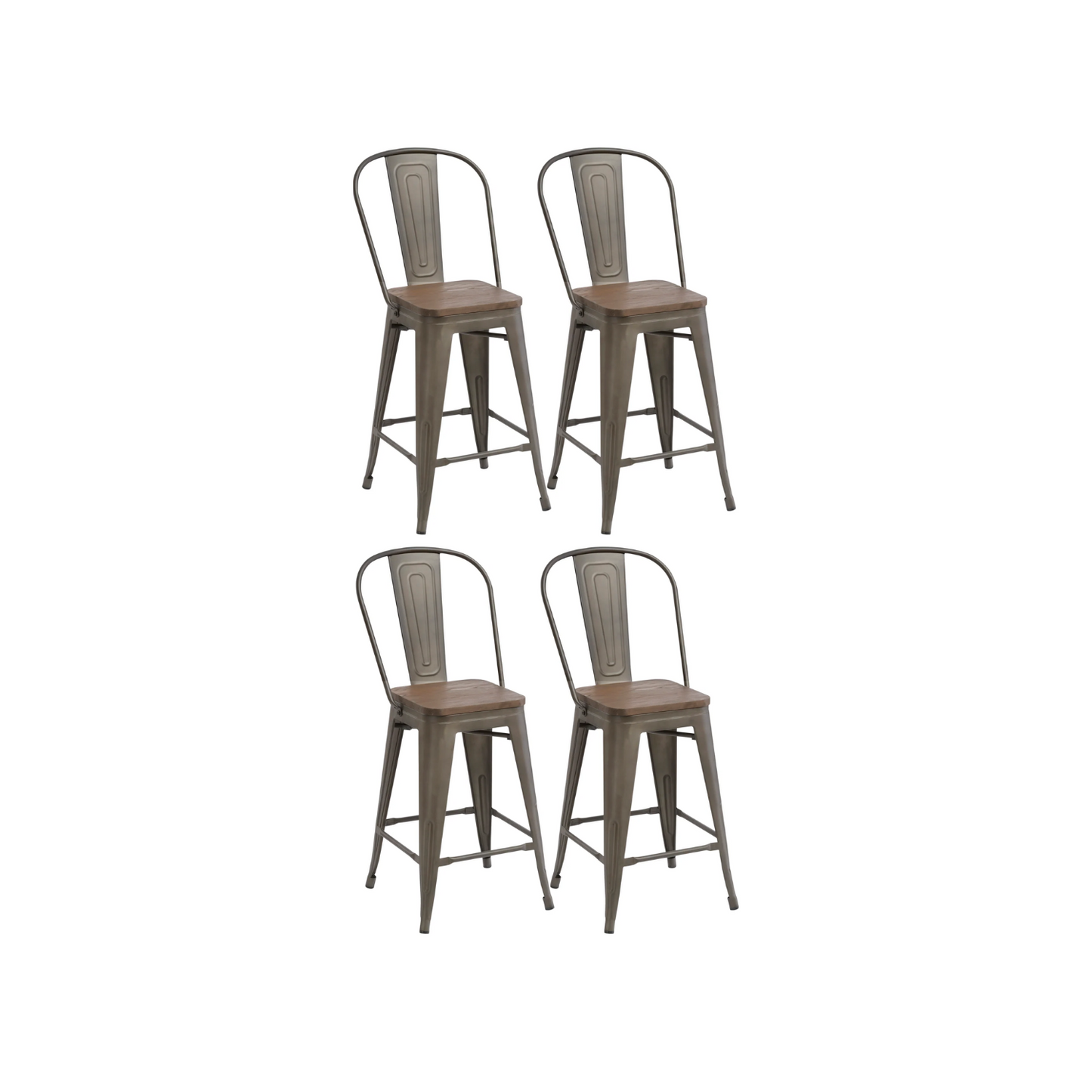 24" Metal Antique Rustic Counter height Bar Stool Chair High Back Wood seat - Set of 4