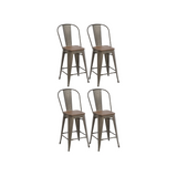 24" Metal Antique Rustic Counter height Bar Stool Chair High Back Wood seat - Set of 4