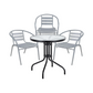 BTExpert 23.75" Round Glass Metal Table Black with 3 Silver Gray Slat Stack Chairs, Indoor Outdoor Lightweight Set