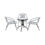 BTExpert 23.75" Round Glass Metal Table Black with 3 Silver Gray Slat Stack Chairs, Indoor Outdoor Lightweight Set