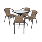 BTExpert 23.75" Square Glass Table & 4 Brown Rattan Stack Chairs, Indoor/Outdoor Lightweight Commercial Set