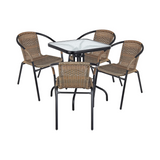 BTExpert 23.75" Square Glass Table & 4 Brown Rattan Stack Chairs, Indoor/Outdoor Lightweight Commercial Set