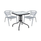 BTExpert 23.75" Square Glass Metal Table Black with 2 Silver Gray Slat Stack Chairs, Indoor Outdoor Lightweight