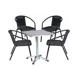 BTExpert 23.75" Square Indoor Outdoor Table, Silver Steel + 4 Black Rattan Stackable Chairs, Lightweight Commercial Set