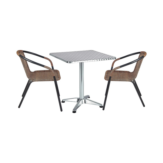 BTExpert 27.5" Square Table Stainless Steel Silver Aluminum + 2 silver  Stack Chairs