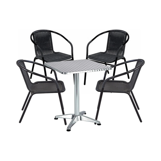 BTExpert 27.5" Square Table Stainless Steel Silver Aluminum + 4 Black  Stack Commercial Chairs