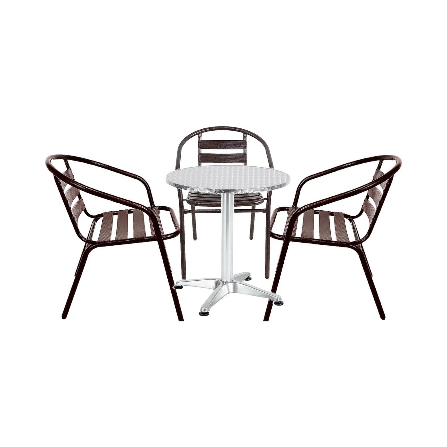 BTExpert Indoor Outdoor 23.75" Round Restaurant Table Stainless Steel Silver Aluminum + 3 Bronze Metal Slat Stack Chairs