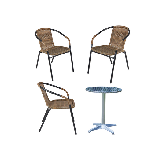 BTExpert Indoor Outdoor 23.75" Round Table Stainless Steel Silver Aluminum + 3 Brown Stack Chairs