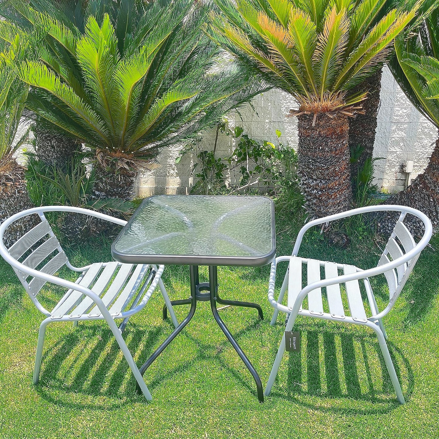 BTExpert 23.75" Square Glass Metal Table Black with 2 Silver Gray Slat Stack Chairs, Indoor Outdoor Lightweight