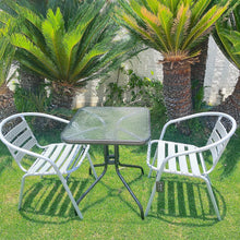 BTExpert Indoor Outdoor 23.75" Square Tempered Glass Metal Table Black + 2 Silver Gray Restaurant Metal Aluminum Slat Stack Chairs Lightweight