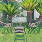 BTExpert Indoor Outdoor 28" Square Glass Metal Table Brown Rattan Trim + 4 Bronze Metal Aluminum Slat commercial Chairs