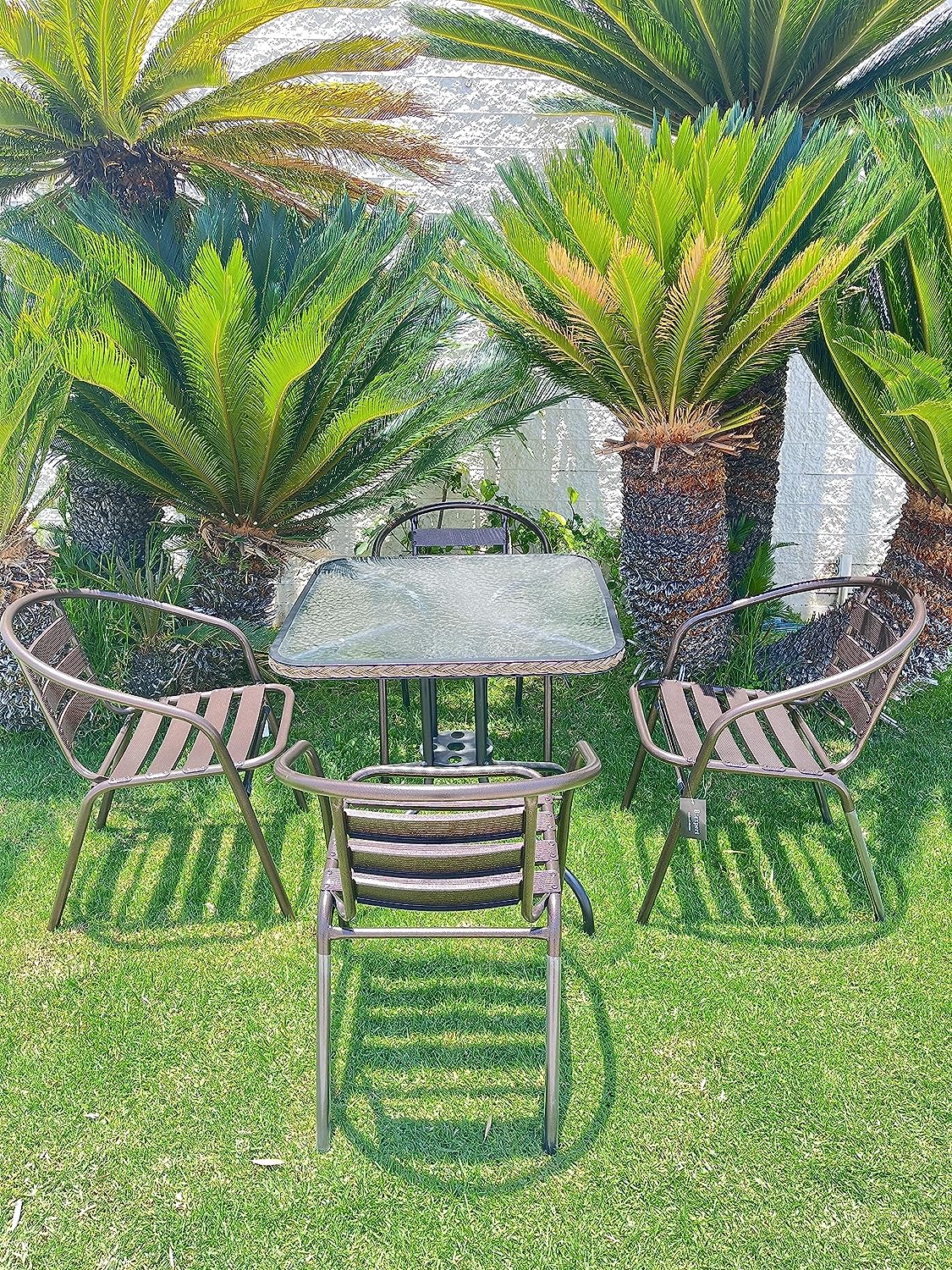 BTExpert Indoor Outdoor 28" Square Glass Metal Table Brown Rattan Trim + 4 Bronze Metal Aluminum Slat commercial Chairs